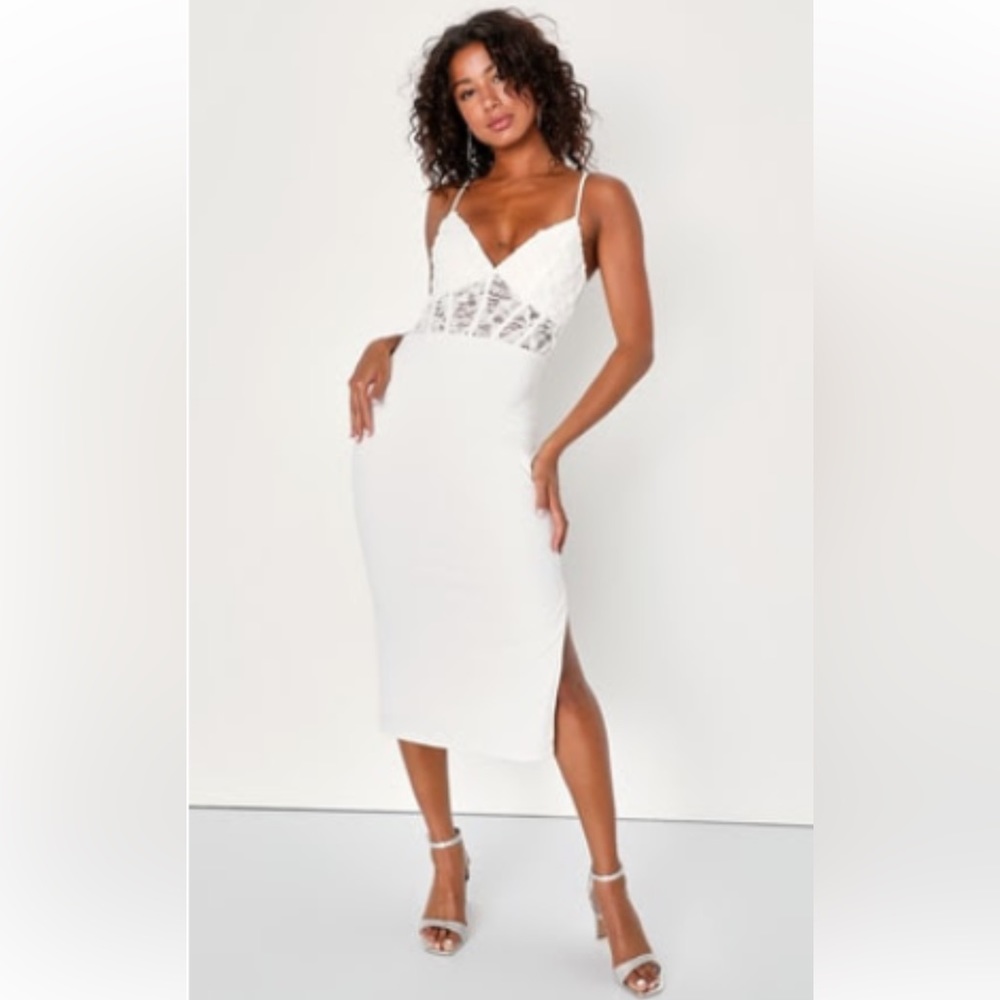 Lulus Lavish Romance White Lace Floral Bustier Bodycon Midi Dress Size XL